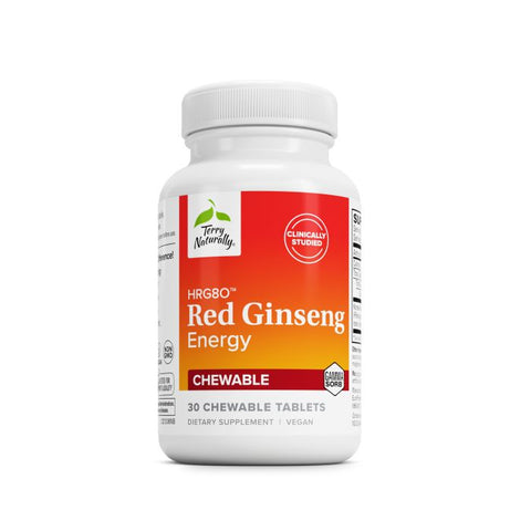 Terry Naturally HRG80 Red Ginseng Energy - Support Healthy Energy & Focus - Herbal Supplement with Korean Red Ginseng Root Powder - Vegan Tablets to Aid Healthy Endurance • 7X Stronger - 30 Chewable Tablets