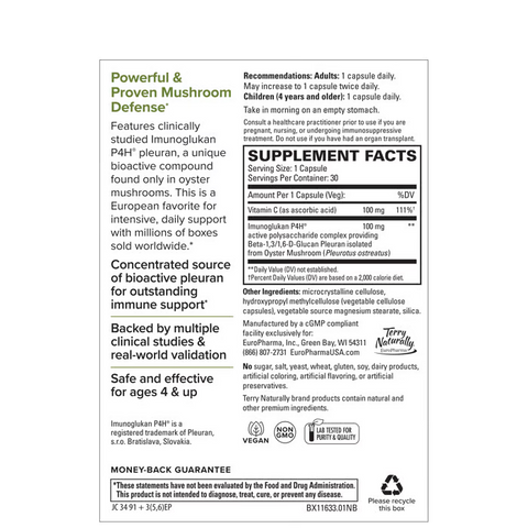 Terry Naturally PleuraMax - Upper Respiratory Health Supplement - Sourced from Oyster Mushrooms - Includes Vitamin C for Immune Support - Vegan & Non-GMO - 30 Capsules (30 Servings)