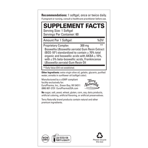 Terry Naturally Boswellia Plus Frankincense Oil - Joint Support Supplement to Support Mobility & Joint Comfort - Support Cellular Health with Boswellia & Frankincense Oil - 60 Softgels