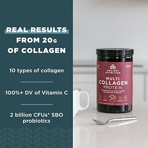 Ancient Nutrition Collagen Powder Protein with Probiotics, Unflavored Multi Collagen Protein with Vitamin C, 45 Servings, Hydrolyzed Collagen Peptides Supports Skin and Nails, Gut Health, 16oz