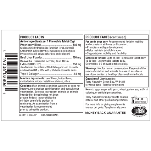 Terry Naturally Active Mobility - Joint Health Support for Pets - Supplement for Animal Health - Hip and Knee Aid for Dogs - Includes Glucosamine, Chondroitin & Collagen - 60 Chewable Tablets