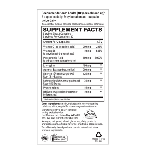 Terry Naturally Adrenaplex - Adrenal Gland Function Supplement - Glandular Support with Vitamins C & B6 - Dietary Supplement to Support Healthy Adrenal Function