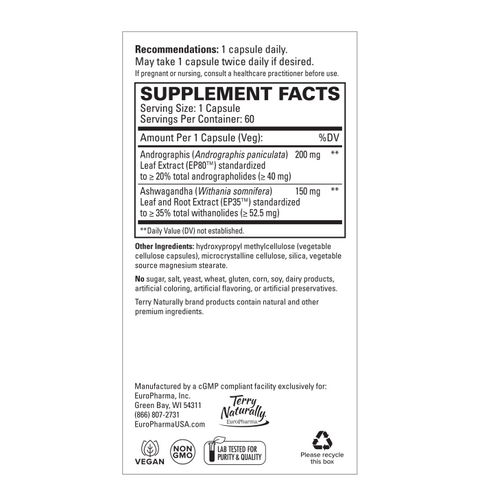 Terry Naturally Andrographis and Ashwagandha - Immune System Support Supplement - Support Energy & Healthy Stress Response - Energy Support Supplement - 60 Capsules (60 Servings)