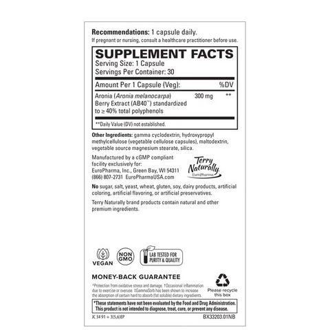 Terry Naturally Aronia Berry 300 - Antioxidant Supplement for Heart & Cellular Health - Vegan & Gluten-Free - 30 Capsules (30 Servings)