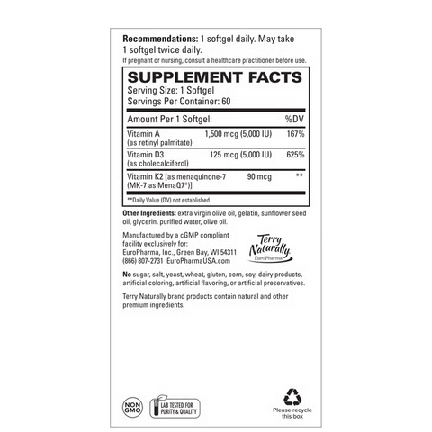 Terry Naturally Artery Strong - Cardio Health & Vascular Elasticity and Strength Support - Cardiovascular Support Supplement with Vitamins A & D3 - Aids Blood Vessel Elasticity - 60 Softgels