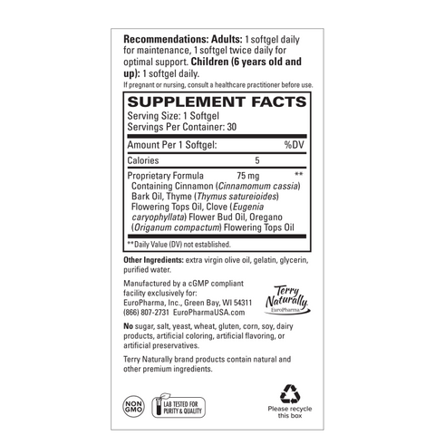 Terry Naturally Bacteril - Intestinal Support Supplement with Clove, Cinnamon, Thyme & Oregano - Immune Support Supplement with Antioxidant Support - Intestinal Support - 30 Softgels