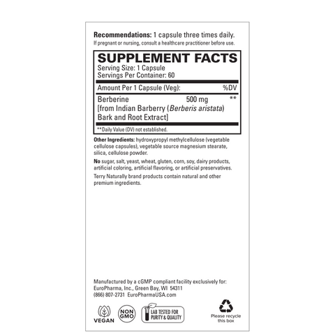 Terry Naturally Berberine - Dietary Supplement with Berberine - Liver Health Supplement for Metabolism Support - Joint Health Support for Men & Women - 60 Capsules