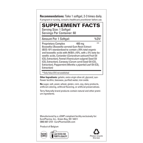 Terry Naturally BosMed Intestinal Bowel Support - Digestive & Intestinal Support Supplement - Bowel Health Supplement - Gut Health Support with Coriander, Fennel, Carraway & Peppermint - 60 Softgels