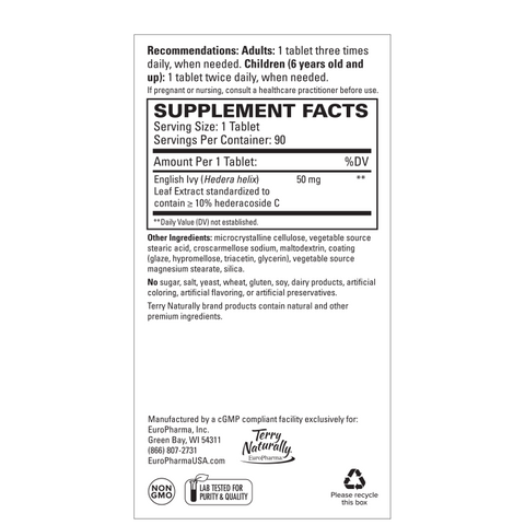 Terry Naturally Bronchial Clear Ivy Leaf Extract Chewable - Lung & Respiratory Health Support Supplement - Dietary Supplement with English Ivy Leaf Extract - 90 Chewable Tablets (90 Servings)