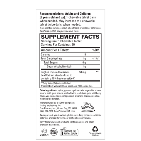 Terry Naturally Bronchial Clear Ivy Leaf Extract Chewable - Lung & Respiratory Health Support Supplement - Dietary Supplement with English Ivy Leaf Extract - 60 Chewable Tablets (60 Servings)