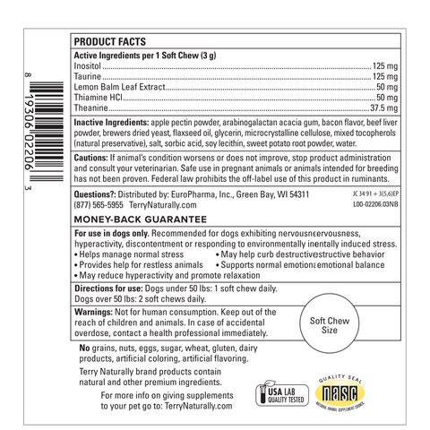 Terry Naturally Calm Chew - Calming Chews for Dogs - Aids Relaxation with Inositol, Lemon Balm, Taurine, Theanine & Thiamine HCl - Provides Support for Restless Animals - 60 Soft Chews