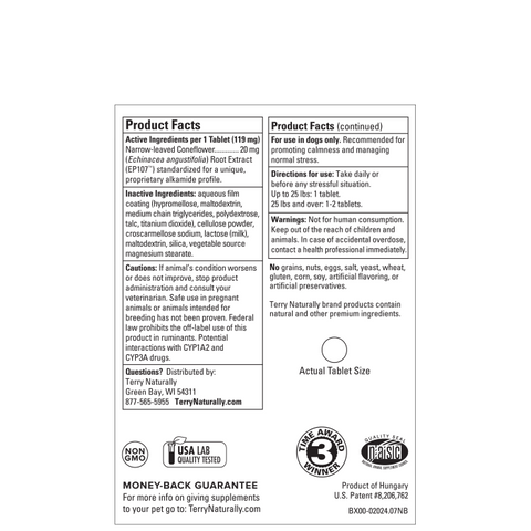 Terry Naturally Calming Formula - Calming Supplement for Dogs - Pet Support for Dog Health - Animal Formula for Stress & Relaxation Support - 45 Tablets