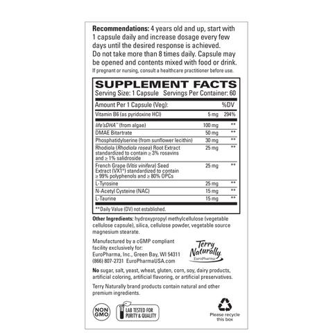 Terry Naturally Calm Kids - 60 Capsules - Childrens Mental Focus Support Supplement, Promotes Calm, Learning & Social Engagement, Contains Phosphatidylserine & Rhodiola - Gluten-Free - 60 Servings