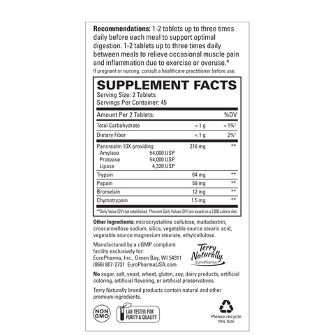 Terry Naturally Clinical Digestive Enzymes - Digestion Supplement for Nutrient Absorption - Includes Undiluted Pancreatic Enzymes - Gluten-Free, Dairy-Free & Non-Soy - 90 Tablets (45 Servings)