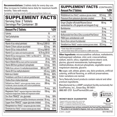 Terry Naturally Clinical Essentials - 60 Tablets - Multivitamin & Mineral Supplement with 30 Premium Nutrients, Gentle On The Stomach, No Vitamin Aftertaste - Non-GMO, Gluten-Free - 30 Servings