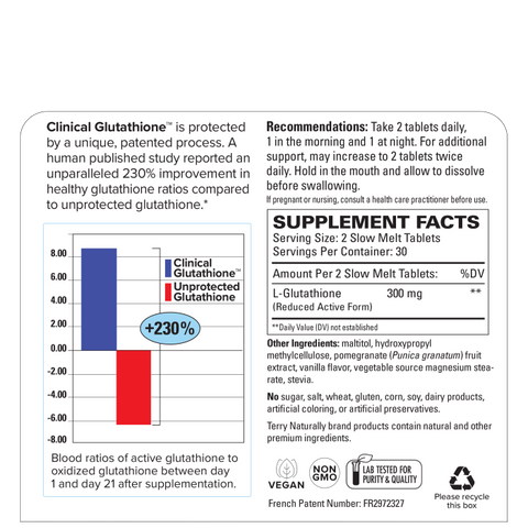 Terry Naturally Clinical Glutathione - Antioxidant Supplement for High Absorption - Dietary Supplement with L-Glutathione - Vegan Supplement to Support Cell Health - 60 Slow Melt Tablets