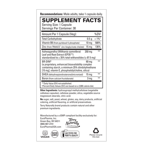 Terry Naturally Complete Testosterone Support - Energy Supplement for Exercise Recovery - Male Hormonal Balance Support - Vegan - 30 Capsules (30 Servings)