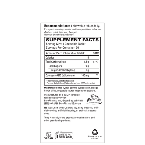 Terry Naturally CoQ10 Chewables - Cellular Energy Support Supplement - Higher Absorption CoQ10 Chewable Supplement - Nutritional Supplement to Aid Healthy Aging & Brain Health - 30 Chewables