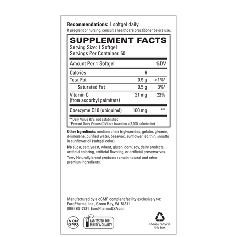 Terry Naturally Qunol Mega Ubiquinol CoQ10 100mg, Superior Absorption, Patented Water and Fat Soluble Natural Supplement Form of C0Q10, Antioxidant for Heart Health, 60 Count Softgels