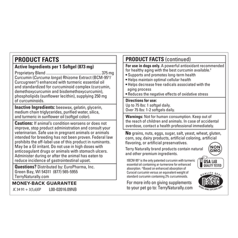 Terry Naturally Curacel Curcumin - Curcumin Health Supplement for Dogs - Pet Curcumin Dog Supplies - Cellular Health Supplement with Antioxidants - 60 Softgels