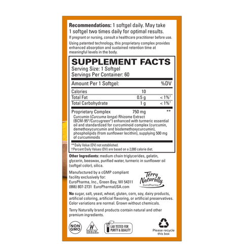 Terry Naturally CuraMed 750 mg - Antioxidant Supplement for Brain & Heart Health Support - Supplement with High-Potency Curcumin Complex - Kidney, Liver & Immune Health Support  - 30/60/120 Softgels