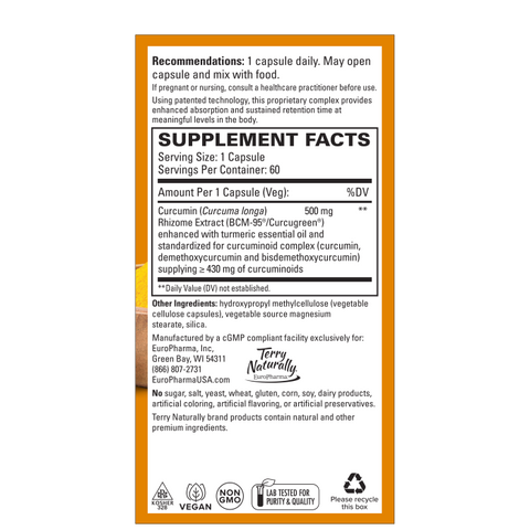 Terry Naturally CuraMed 500mg - Antioxidant Supplement for Brain & Immune Health Support - Supplement with Curcumin & Turmeric Essential Oil - Herbal Liver Support - 60 Capsules