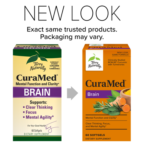 Terry Naturally CuraMed Brain - Dietary Supplement to Support Clarity & Focus - Brain Health Supplement with Curcumin & Turmeric Essential Oil to Aid Concentration - 60 Softgels
