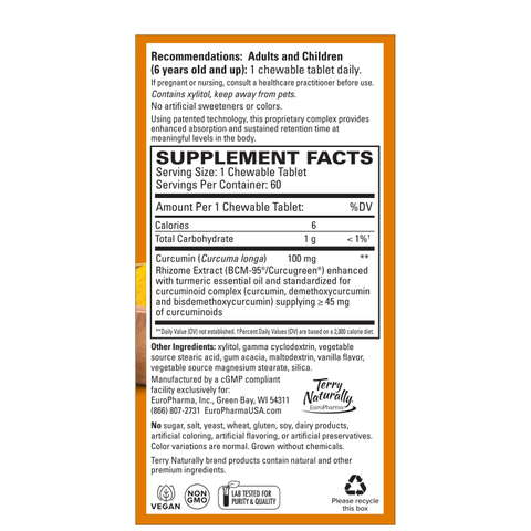Terry Naturally CuraMed 100 mg Curcumin Complex - Enhanced Absorption Curcumin Supplement with Turmeric - Brain & Liver Health Support Supplement - Vegan Dietary Supplement - 60 Chewable Tablets