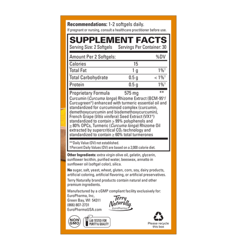Terry Naturally CuraMed + Clinical OPC - Curcumin Supplement with French Grape Seed Extract - Brain, Prostate & Liver Health Support - Supplement with Ar-Turmerone - 60 Softgels