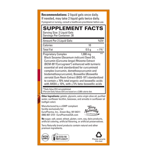 Terry Naturally CuraMed Acute Pain Relief - Supplement with BCM-95 Curcumin & BOS-10 Boswellia - Black Sesame Seed Oil to Support Relief of Occasional Discomfort