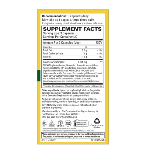 Terry Naturally Curamin - Support Occasional Aches with Curcumin from Turmeric, Boswellia, DLPA & Nattokinase - Non-GMO, Vegan & Gluten-Free