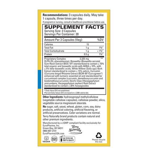 Terry Naturally Curamin Low Back Pain Relief - 60 Capsules - with Curcumin, Boswellia & DLPA - Non-GMO, Vegan, Gluten Free - 20 Total Servings