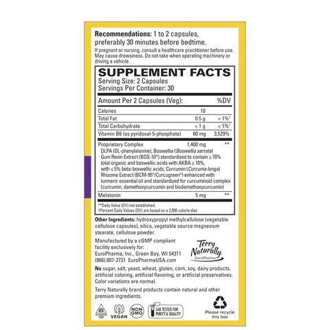 Terry Naturally Curamin Nighttime - Curcumin & DLPA Capsule Supplement - Non-GMO Supplement to Support Healthy Sleep & Relaxation - Herbal Supplement with Melatonin