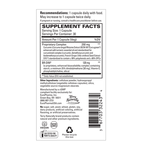 Terry Naturally DIM Complex - 30 Capsules - Support Hormone Balance for Women of All Ages - with BCM-95 Curcumin - Non-GMO, Vegan, Gluten Free - 30 Servings