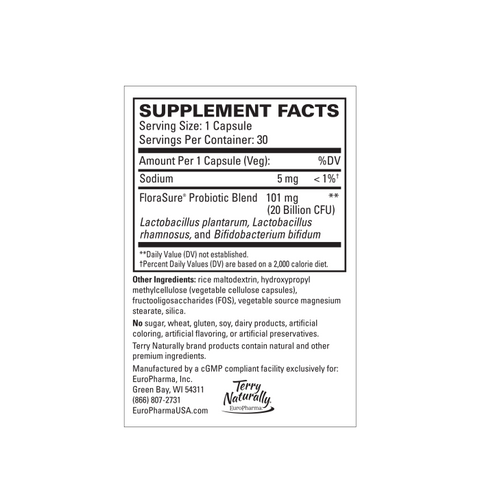 Terry Naturally FloraSure Probiotic - Digestion Supplement to Aid Against Occasional Bloating & Support Gas Relief - Gut Health Support Supplement with Bifidobacterium Bifidum - 30 Capsules