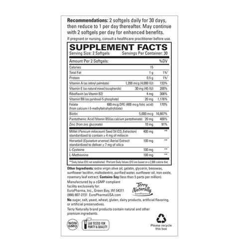 Terry Naturally Hair Renew Formula - Healthy Hair Growth Supplement with Biotin B Vitamins & Zinc - Millet Seed Oil for Keratin Production Support & Stronger, More Radiant Strands - 60 Softgels