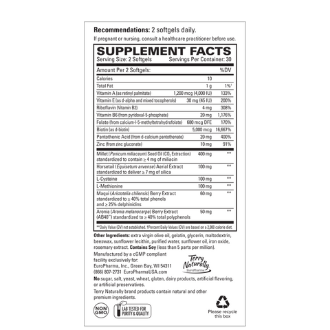 Terry Naturally Hair, Skin & Nail Essentials - Hair Care Supplement with Biotin & Aronia Berry Extract - Gluten-Free & Dairy-Free - 60 Softgels (30 Servings)