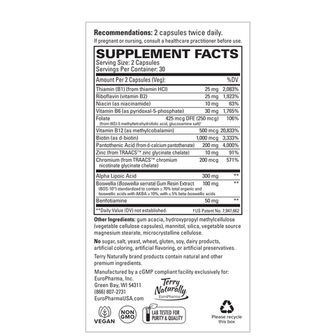 Terry Naturally Healthy Feet & Nerves - Herbal Supplement with Bioactive Vitamin B12 - Circulation & Nerve Health Support Supplement - Vegan Capsules with Boswellia Serrata