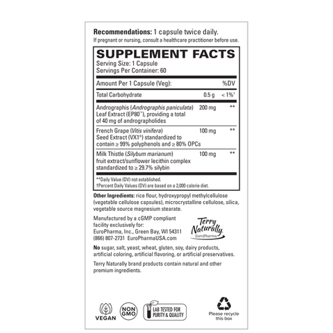 Terry Naturally Healthy Liver - Liver Function & Health Support Supplement - Cellular Health Support with Andrographis EP80 & French Grape Seed Extract - Gluten-Free Dietary Supplement - 60 Capsules