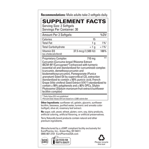 Terry Naturally Healthy PSA Levels - Dietary Supplement for Healthy Prostate & Hormone Balance Support - Herbal Supplement with Curcumin, Turmeric Essential Oil & Grape Seed Extract - 60 Softgels