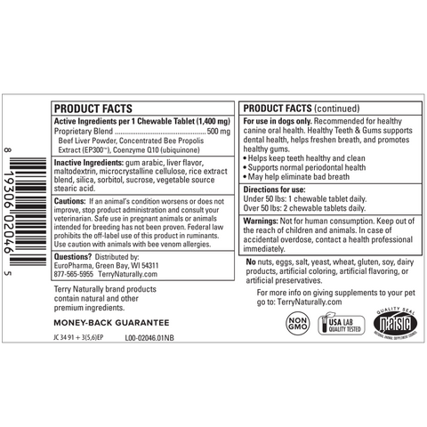 Terry Naturally Animal Health Healthy Teeth & Gums Liver Flavored Chewable Tablet Dental Supplement for Dogs, 60 count