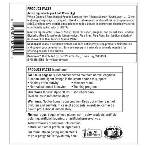 Terry Naturally Animal Health Dog Intelligent Omega Brain + Eye Health - 60 Soft Chews