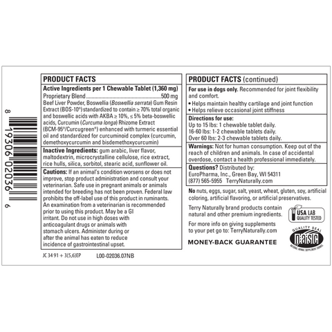 Terry Naturally Joint & Hip - Dog Health Supplement for Joint & Hip Support - Muscle Health Formula - Joint Health Support for Dogs - Pet Care Supplies - 60 Chewable Wafers