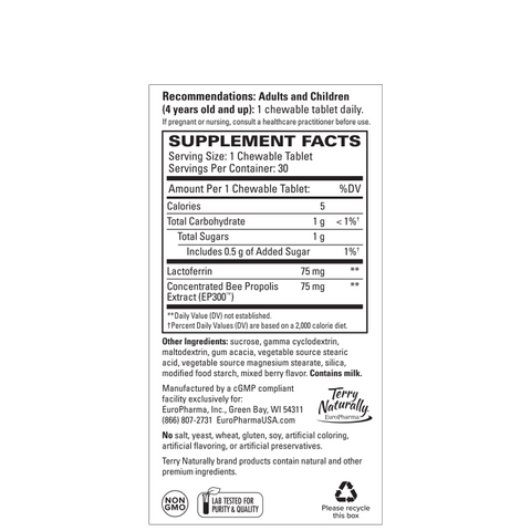 Terry Naturally Lactoferrin with Propolis Extract EP300 - Supplement for Immune Support - Respiratory, Ear & Intestinal Support - 30 Tablets (30 Servings)