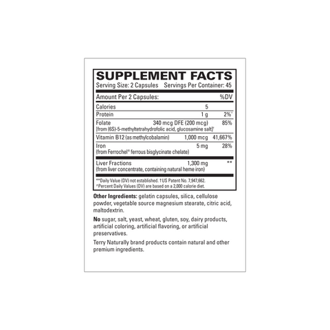 Terry Naturally Liver Fractions - Endurance & Energy Support with Gentle Iron - Dietary Supplement Supports Healthy Red Blood Cell Formation - Iron Supplement for Liver Health - 90 Capsules