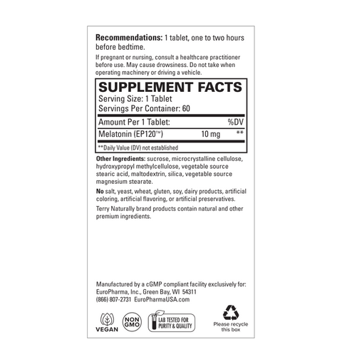 Terry Naturally Melatonin EP 120 10mg - Sleep Support Supplement with Antioxidants - Gluten-Free Supplement for Healthy Sleep - Dietary Supplement to Aid Healthy Aging & Immune Health - 60 Tablets
