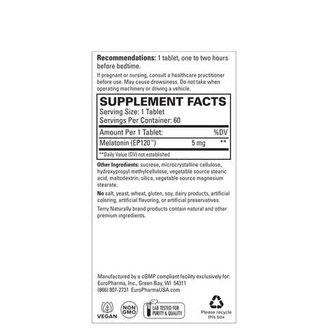 Terry Naturally Melatonin EP 120 5mg - Sleep Support Supplement with Antioxidants - Gluten-Free Supplement for Healthy Sleep - Dietary Supplement to Aid Healthy Aging & Immune Health - 60 Tablets