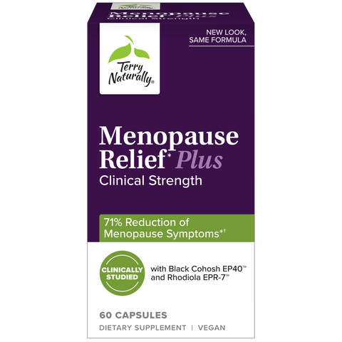 Terry Naturally Menopause Relief Plus - Menopause Symptom Supplement - Supplement to Aid Against Occasional Tiredness & Night Sweats - Supplement with Rhodiola & Black Cohosh - 60 Capsules