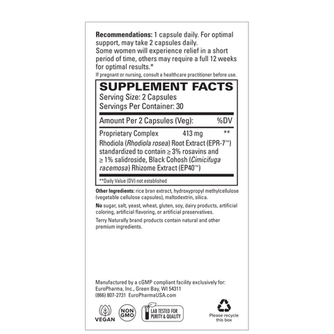 Terry Naturally Menopause Relief Plus - Menopause Symptom Supplement - Supplement to Aid Against Occasional Tiredness & Night Sweats - Supplement with Rhodiola & Black Cohosh - 60 Capsules