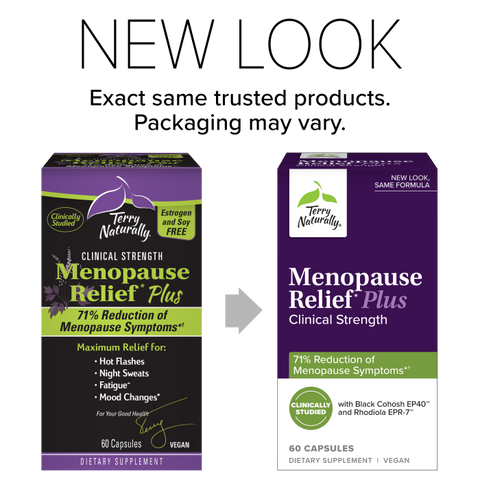 Terry Naturally Menopause Relief Plus - Menopause Symptom Supplement - Supplement to Aid Against Occasional Tiredness & Night Sweats - Supplement with Rhodiola & Black Cohosh - 60 Capsules